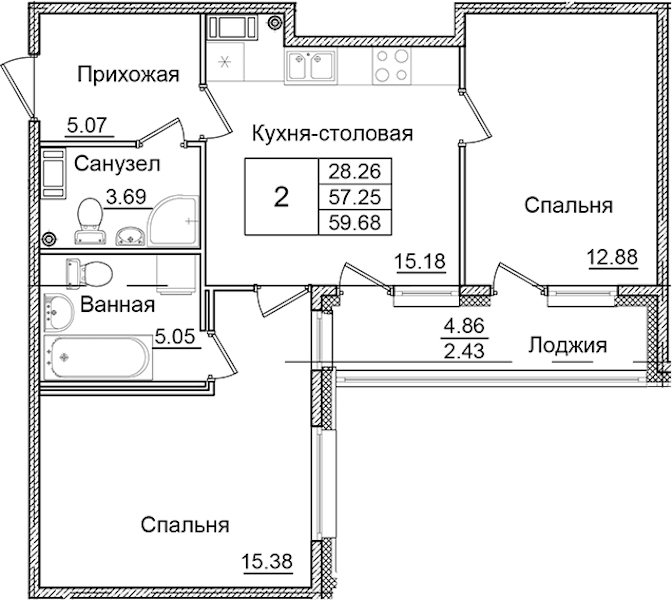 2-комнатная квартира 59.68 м², 9/9 эт., ЖК «Квартал Заречье»